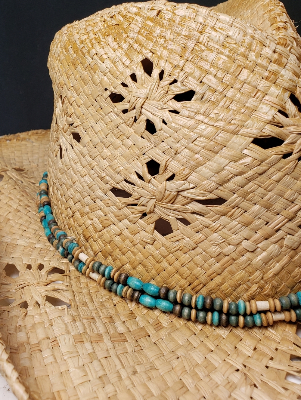 Distressed Style Straw Cowboy Hat with Faux Turquoise Beaded Hatband - OS Unisex - Picture 14 of 14